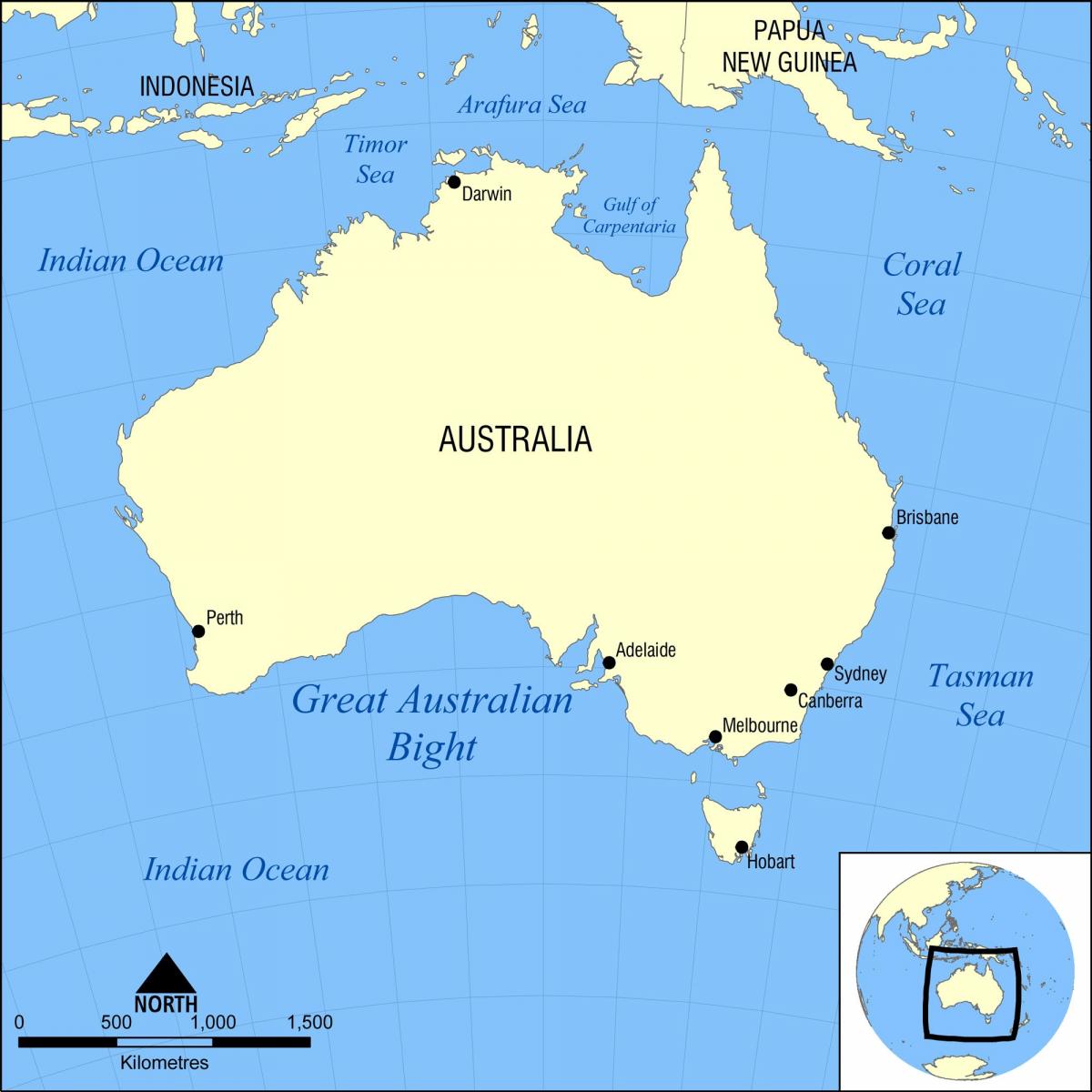 Mapa da Austrália e dos países limítrofes