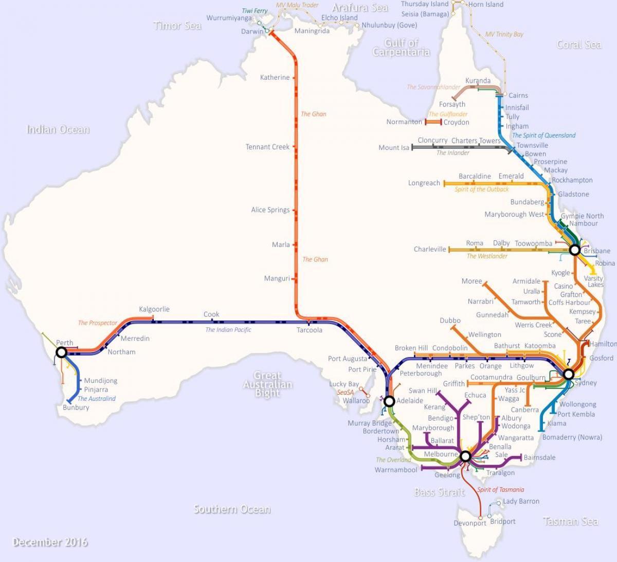 Mapa das linhas de trem da Austrália