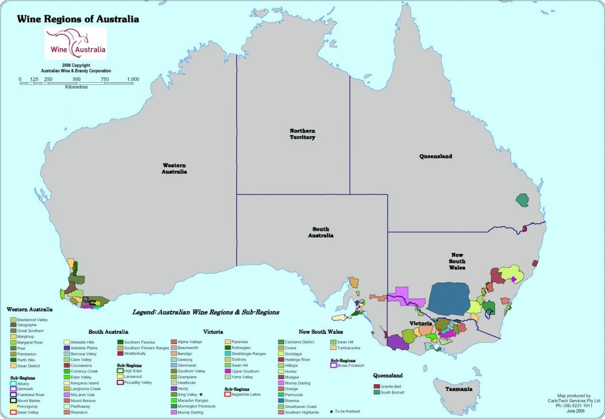 Mapa dos vinhedos da Austrália